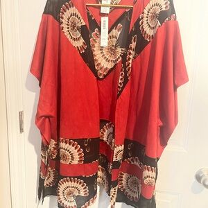 Chico’s Faux Suede & Sheer Floral Sz L/XL  Ruana Cover-Up/Poncho